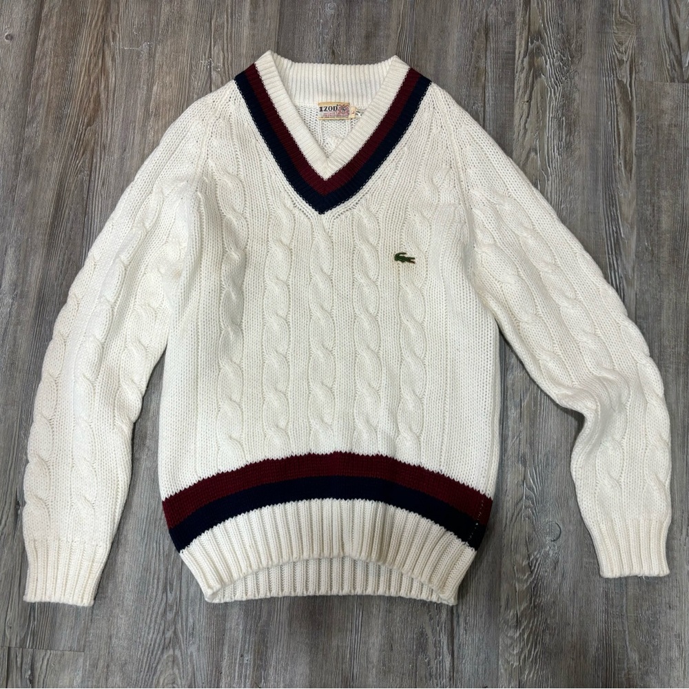 80s Vintage Izod Lacoste Ivory Cable Knit Tennis Pullover Sweater